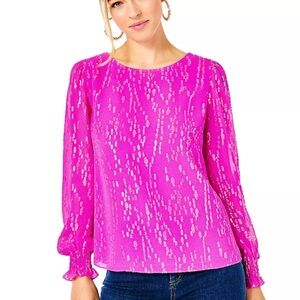 Lilly Pulitzer IDINA SILK TOP Elderberry Fish Clip Chiffon Pink Gold M NWT
